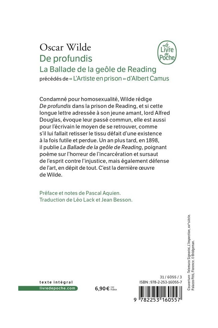 De profundis : La ballade de la geôle de Reading. Précédé de L'artiste en prison d'Albert Camus